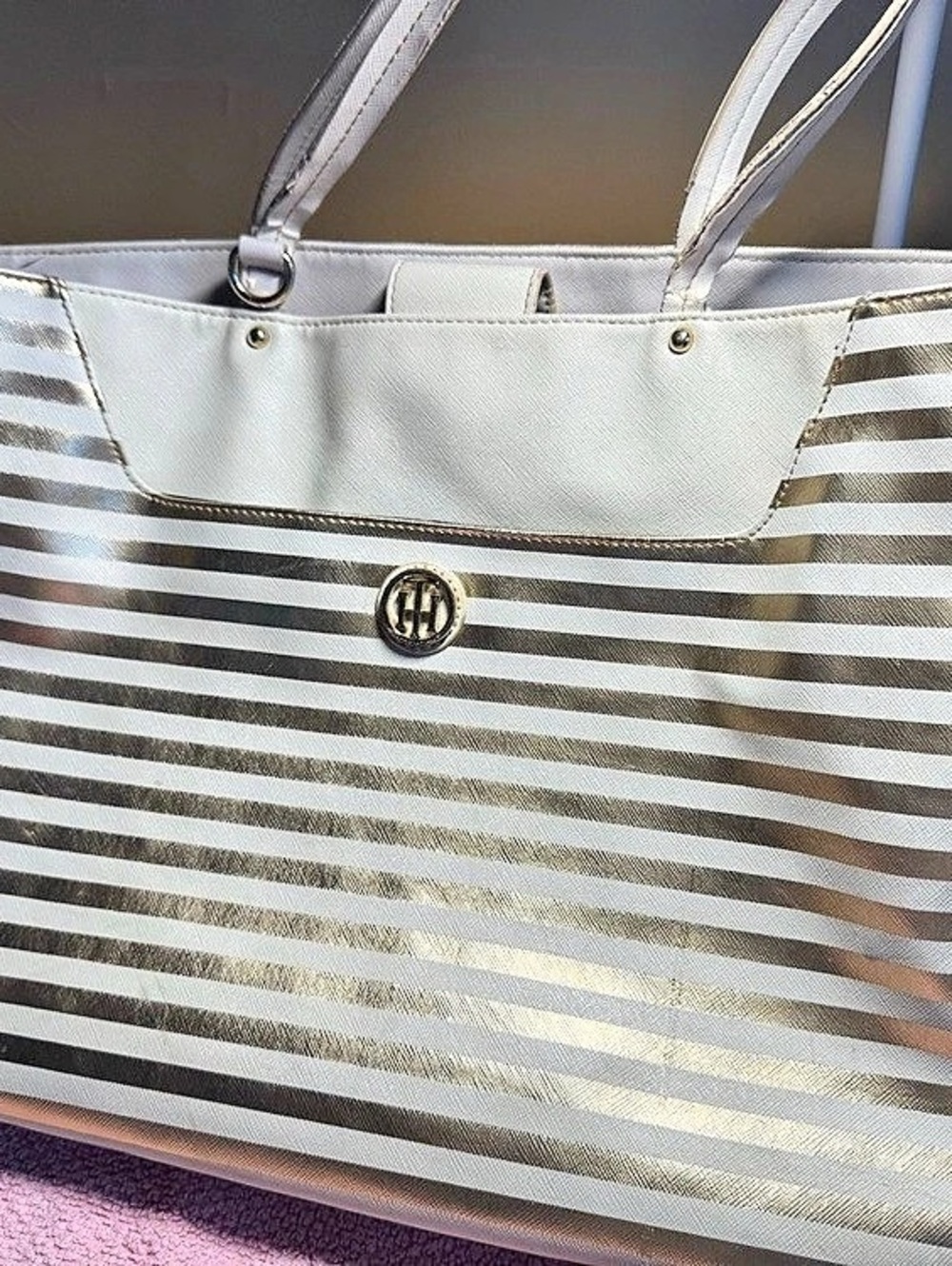 Tommy Hilfiger Striped Tote in White & Gold